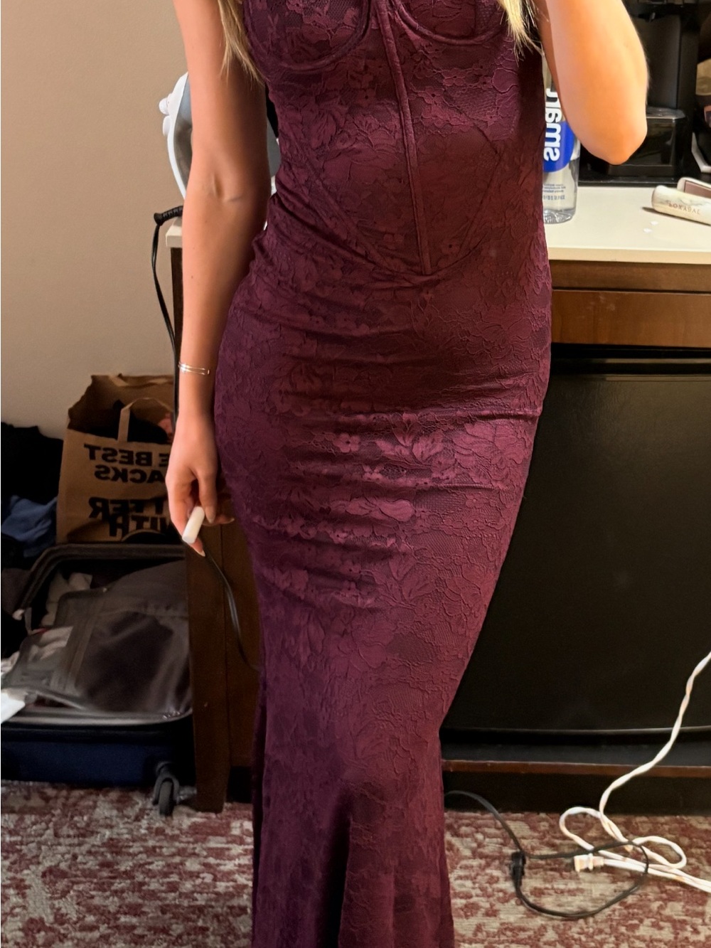 White Fox Boutique Burgundy Lace Maxi Dress